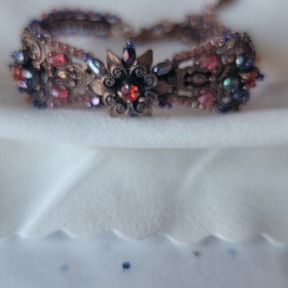 SATELLITE PARIS VINTAGE HIGHLY DETAILED CUFF COPPER BRACELET W/CRYSTALS & PEARLS - Picture 3 of 9